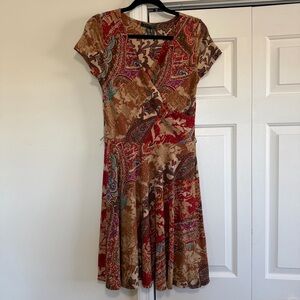 Lauren Ralph Lauren Faux Wrap Midi Short Sleeve Brown Paisley Dress Size Medium